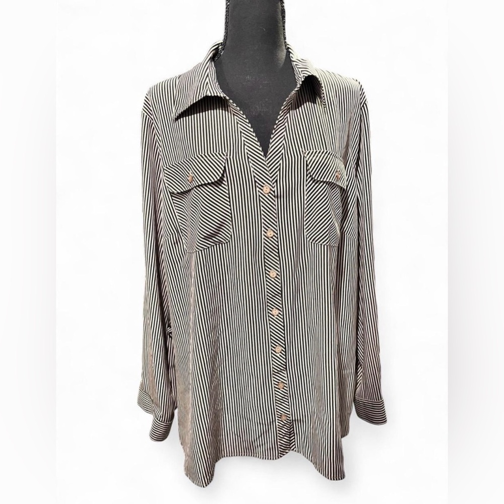 Studio Works Striped Brown and Tan Women's Button Down Top Size 2X